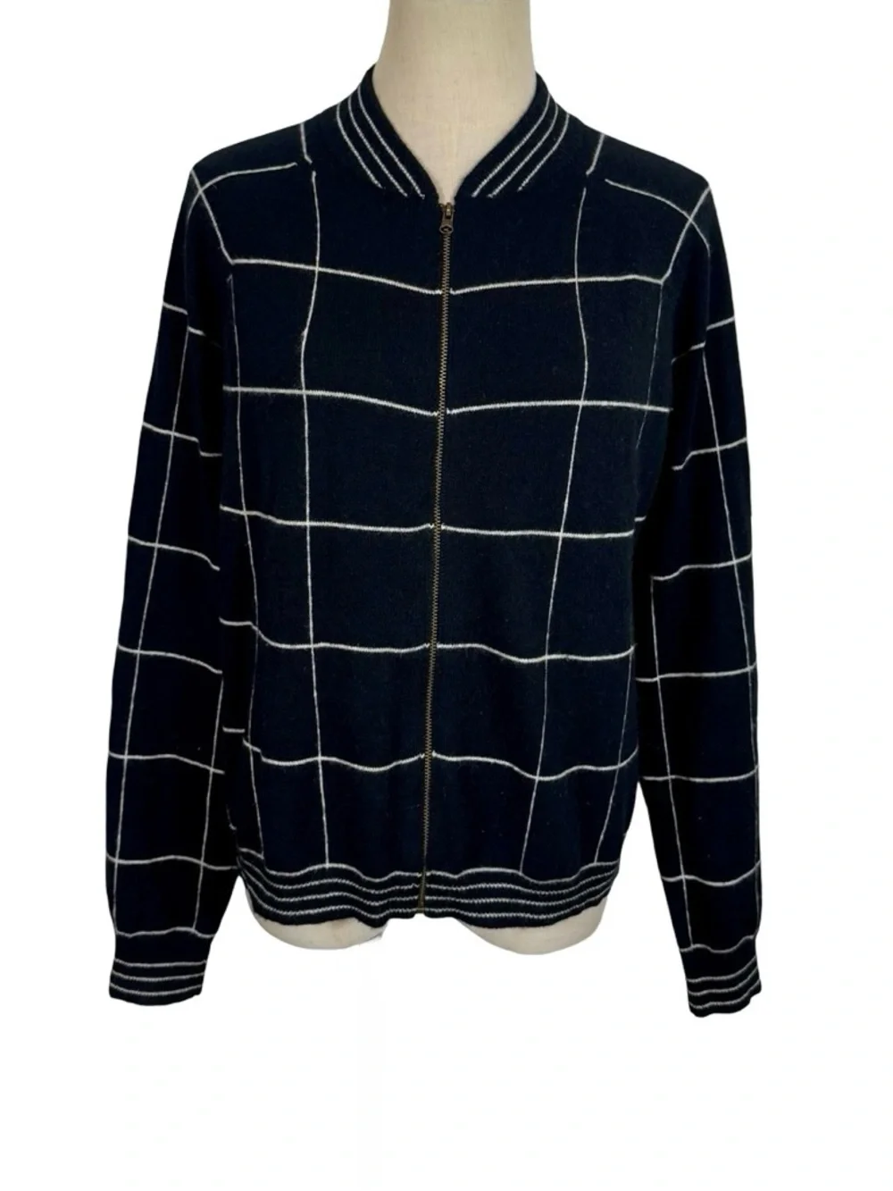 Madeleine Thompson Jedha 100% Cashmere Zip Bomber Sweater Windowpane Check
